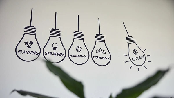 Fünf Glühbirnen-Silhouetten an einer Wand zeigen die Begriffe „PLANNING“, „STRATEGY“, „MANAGEMENT“, „TEAMWORK“ und „SUCCESS“, wobei die letzte Glühbirne zusätzlich einen kleinen Lichtstrahl ausstrahlt. Im Vordergrund ist ein Blatt einer Pflanze sichtbar.