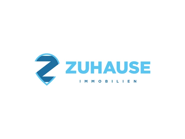Ein stilisiertes Logo mit einem blauen oder türkisfarbenen Z, das in einem Pfeilsymbol eingebettet ist, und dem Wort "ZUHOUSE" in Großbuchstaben, gefolgt von "IMMOBILIEN" in kleinerer Schrift darunter.