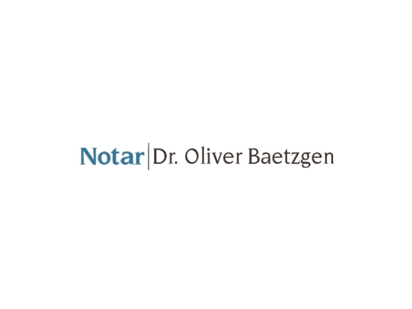 Das Bild zeigt den Schriftzug "Notar" in blauer Farbe und "Dr. Oliver Baetzgen" in brauner Schrift, beide auf weißem Hintergrund.